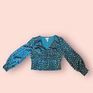 Satin Green Leopard Print Plunge Neckline Blouse